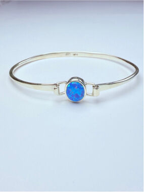 Australian Lab Blue Opal Sterling Silver 925 Vintage Hinged Bangle Bracelet